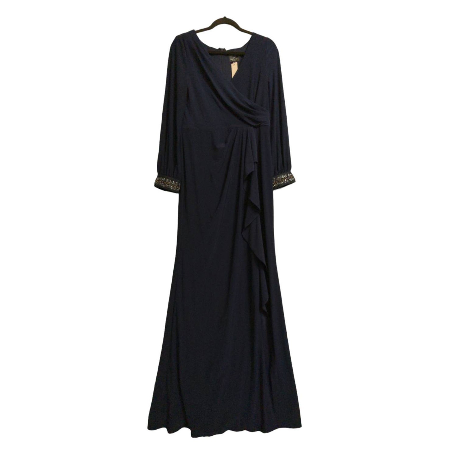 Adrianna Papell Womens Draped Jersey Beaded Gown Dress Blue Stretch Maxi 10 New